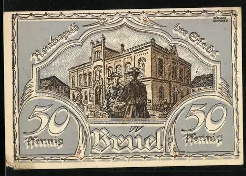 Notgeld Brüel i. M. 1921, Reutergeld 50 Pfennig, Theater, Bauer beim Dengeln einer Sense