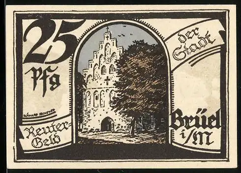 Notgeld Brüel i. M. 1922, Reutergeld 25 Pfennig, Kirche und Schule
