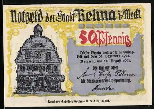 Notgeld Rehna i. Meckl. 1921, 50 Pfennig, Rathaus, Mann bei der Arbeit