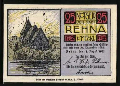 Notgeld Rehna i. Meckl. 1921, 25 Pfennig, Kirche und Vadder Japhet