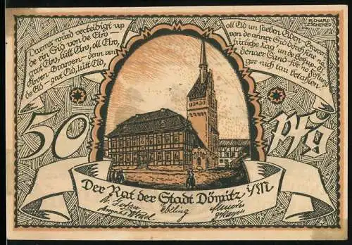 Notgeld Dömitz i. M., Reutergeld 50 Pfennig, Rathaus und Paar beim Angeln