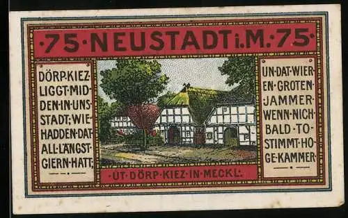 Notgeld Neustadt i. M. 1921, 75 Pfennig, Ortspartie, Angler und Wappen