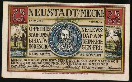 Notgeld Neustadt i. M. 1921, 75 Pfennig, Ortspartie, Angler und Wappen