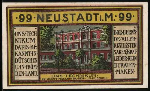 Notgeld Neustadt i. M. 1921, 99 Pfennig, Technikum, Rathaus, Schloss und Wappen