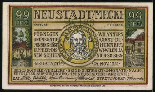 Notgeld Neustadt i. M. 1921, 99 Pfennig, Technikum, Rathaus, Schloss und Wappen