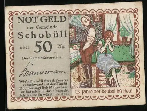 Notgeld Schobüll, 50 Pfennig, Es fahre der Deubel in`s Heu !