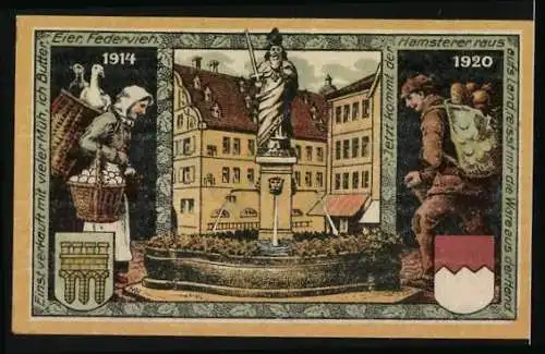 Notgeld Kitzingen a. M. 1920, 50 Pfennig, Faltenturm am Main, Kiliansbrunnen und Wappen