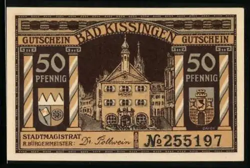 Notgeld Bad Kissingen 1919, 50 Pfennig, Rathaus und Wappen, Trauernde Germania