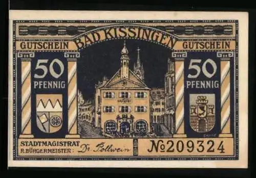 Notgeld Bad Kissingen 1919, 50 Pfennig, Rathaus und Wappen, Trauernde Germania