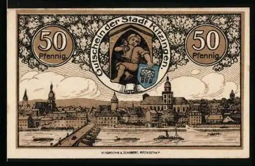 Notgeld Kitzingen a. M. 1920, 50 Pfennig, Stadtpanorama, Mann mit Bierkrug und Wappen