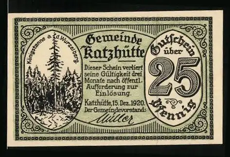 Notgeld Katzhütte 1920, 25 Pfennig, Königstanne a. d. Wurzelberg