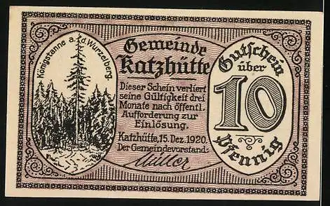 Notgeld Katzhütte 1920, 10 Pfennig, Königstanne a. d. Wurzelberg