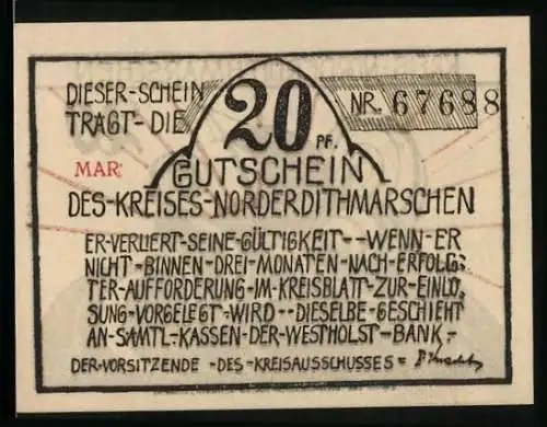 Notgeld Norderdithmarschen, 20 Pfennig, Segelboot