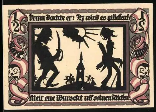 Notgeld Glauchau 1921, 1 /2 Mark, Hebel mit einer Wurst auf dem Rücken