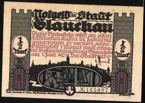 Notgeld Glauchau 1921, 1 /2 Mark, Die Wache oft durchs Städtle zieht