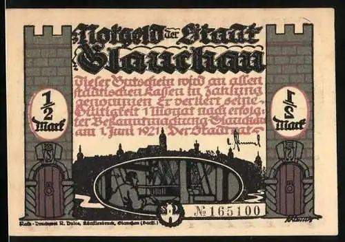 Notgeld Glauchau 1921, 1 /2 Mark, Die Wache oft durchs Städtle zieht