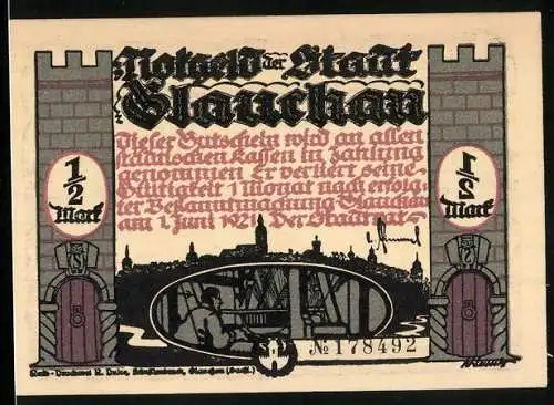 Notgeld Glauchau 1921, 1 /2 Mark, Hebel entflieht dem Ordnungshüter