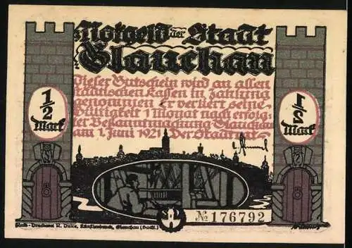 Notgeld Glauchau 1921, 1 /2 Mark, Hebel entflieht dem Ordnungshüter