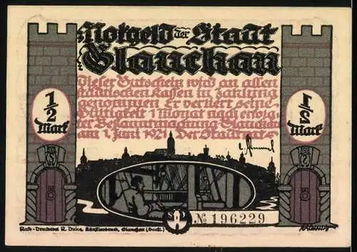 Notgeld Glauchau 1921, 1 /2 Mark, Bewohner huldigen Hebel