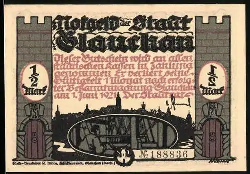 Notgeld Glauchau 1921, 1 /2 Mark, Ordnungshüter nehmen Hebel gefangen