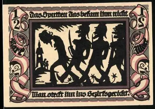 Notgeld Glauchau 1921, 1 /2 Mark, Ordnungshüter nehmen Hebel gefangen