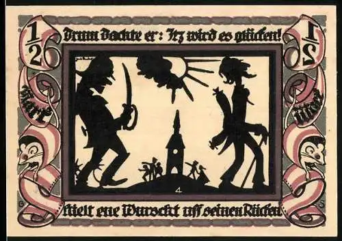 Notgeld Glauchau 1921, 1 /2 Mark, Hebel mit einer Wurst auf dem Rücken