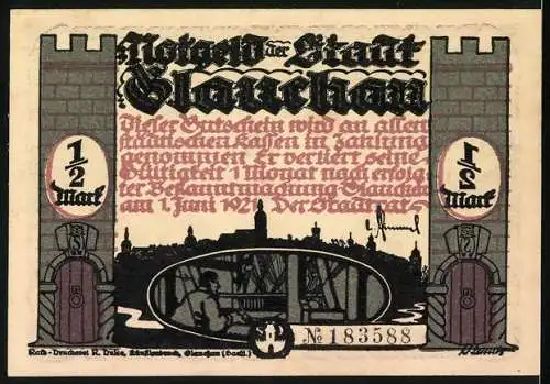 Notgeld Glauchau 1921, 1 /2 Mark, Hebel mit einer Wurst auf dem Rücken