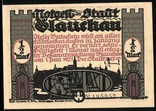 Notgeld Glauchau 1921, 1 /2 Mark, Einwohner huldigen Hebel