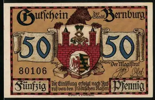 Notgeld Bernburg, 50 Pfennig, Wappen, Neues Rathaus, bisher Karlskaserne