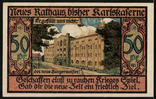 Notgeld Bernburg, 50 Pfennig, Wappen, Neues Rathaus, bisher Karlskaserne