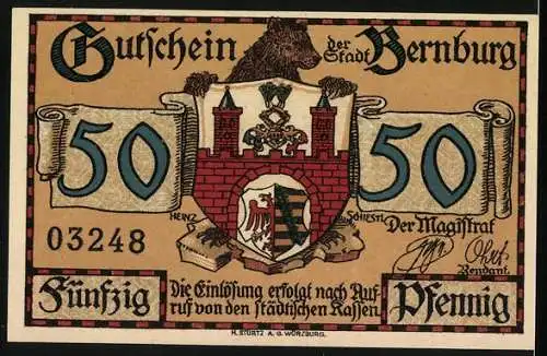 Notgeld Bernburg, 50 Pfennig, Wappen, Neues Rathaus, bisher Karlskaserne