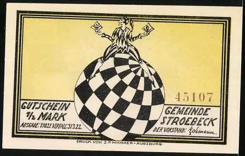 Notgeld Stroebeck 1921, 1 /2 Mark, Schach-das Narrenmatt und Ball