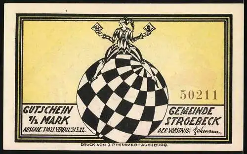 Notgeld Stroebeck 1921, 1 /2 Mark, Das Patt beim Schach und Ball