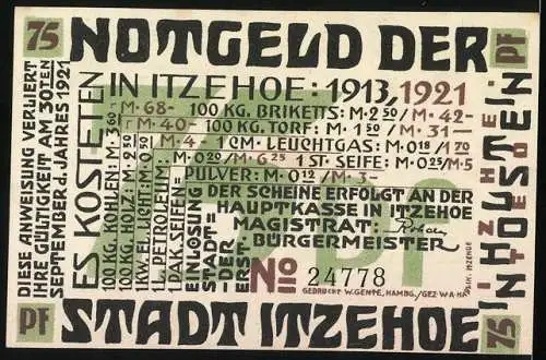 Notgeld Itzehoe 1921, 75 Pfennig, Hahn