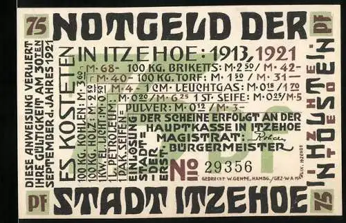 Notgeld Itzehoe 1921, 75 Pfennig, Hahn