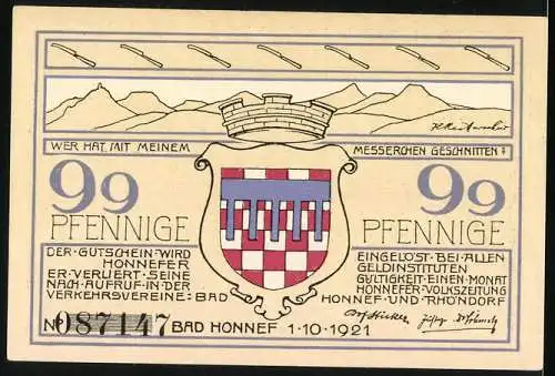 Notgeld Bad Honnef a. Rh. 1921, 99 Pfennige, Karl Simrorts Haus, Wappen