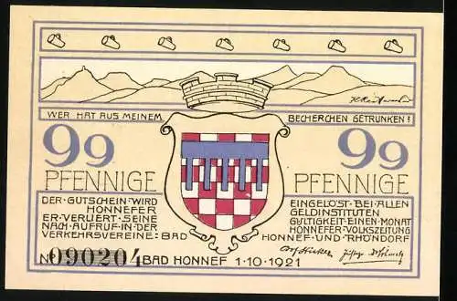 Notgeld Bad Honnef a. Rh. 1921, 99 Pfennige, Löwenburg zur Ritterzeit, Wappen