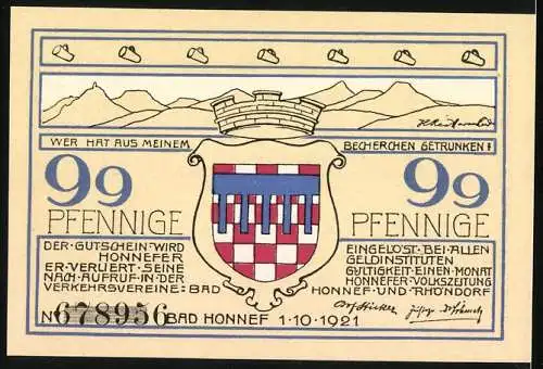 Notgeld Bad Honnef a. Rh. 1921, 99 Pfennige, Löwenburg zur Ritterzeit, Wappen