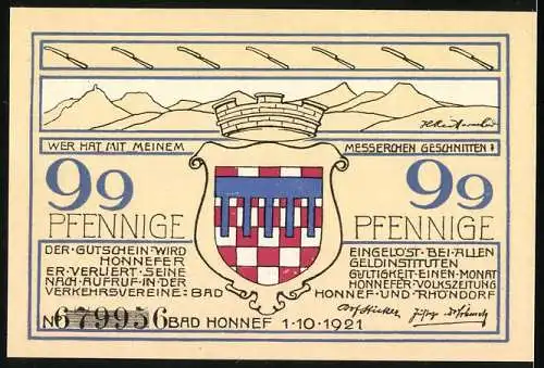 Notgeld Bad Honnef a. Rh. 1921, 99 Pfennige, Karl Simrorts Haus, Wappen