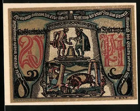 Notgeld Grossbreitenbach 1921, 20 Pfennig, Wappen vor dem Turm, Schwein als Sinnbild für Glück