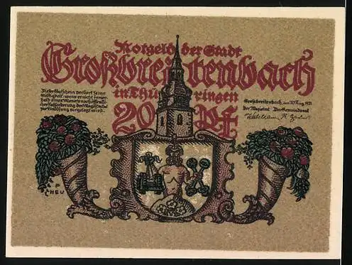 Notgeld Grossbreitenbach 1921, 20 Pfennig, Wappen vor dem Turm, Schwein als Sinnbild für Glück