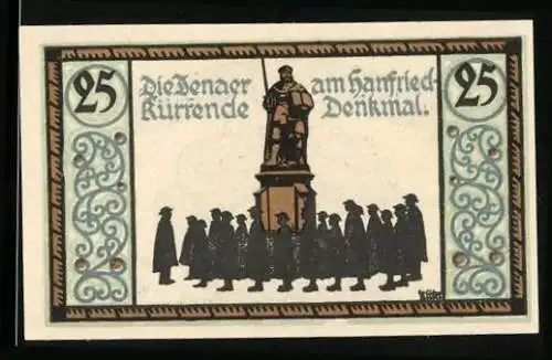 Notgeld Jena 1921, 25 Pfennig, Die Jenaer am Hanfried-Kurrende-Denkmal, Wappen