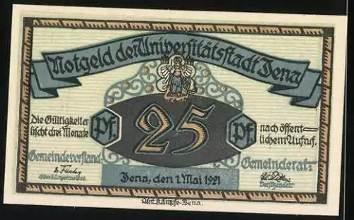 Notgeld Jena 1921, 25 Pfennig, Die Jenaer am Hanfried-Kurrende-Denkmal, Wappen