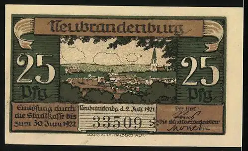 Notgeld Neubrandenburg 1921, 25 Pfennig, Blick auf den See, Ortsansicht mit Kirche