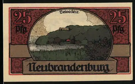 Notgeld Neubrandenburg 1921, 25 Pfennig, Belvedère, Ortsansicht mit Kirche