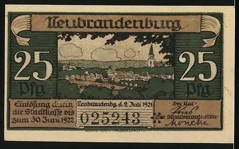 Notgeld Neubrandenburg 1921, 25 Pfennig, Belvedère, Ortsansicht mit Kirche