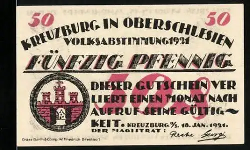 Notgeld Kreuzburg i. Oberschl. 1921, 50 Pfennig, Wappen, Kreuzherr vom Roten Stern