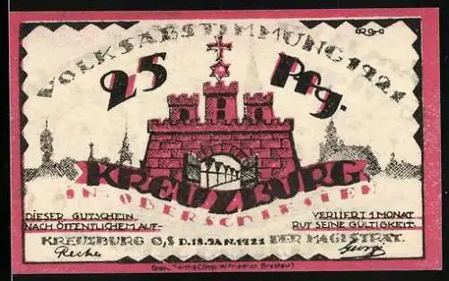 Notgeld Kreuzburg 1921, 25 Pfennig, Wappen, Geburtsort von Gustav Freytag