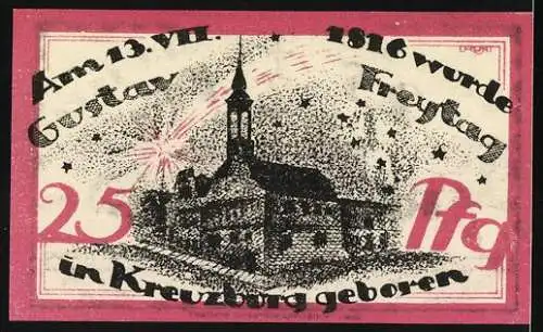 Notgeld Kreuzburg 1921, 25 Pfennig, Wappen, Geburtsort von Gustav Freytag