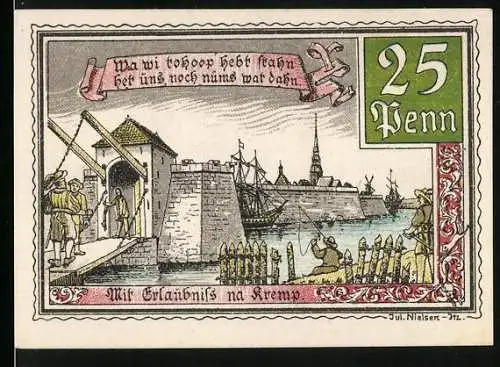 Notgeld Kremp 1920, 25 Pfennig, Hafenpartie, Rolandrieden, Eisenbahn anno 1851, Wappen
